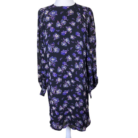 Ganni Floral Long Blouson Sleeve Floral Pansy Georgette Mini Dress 8-10 - Picture 1 of 9